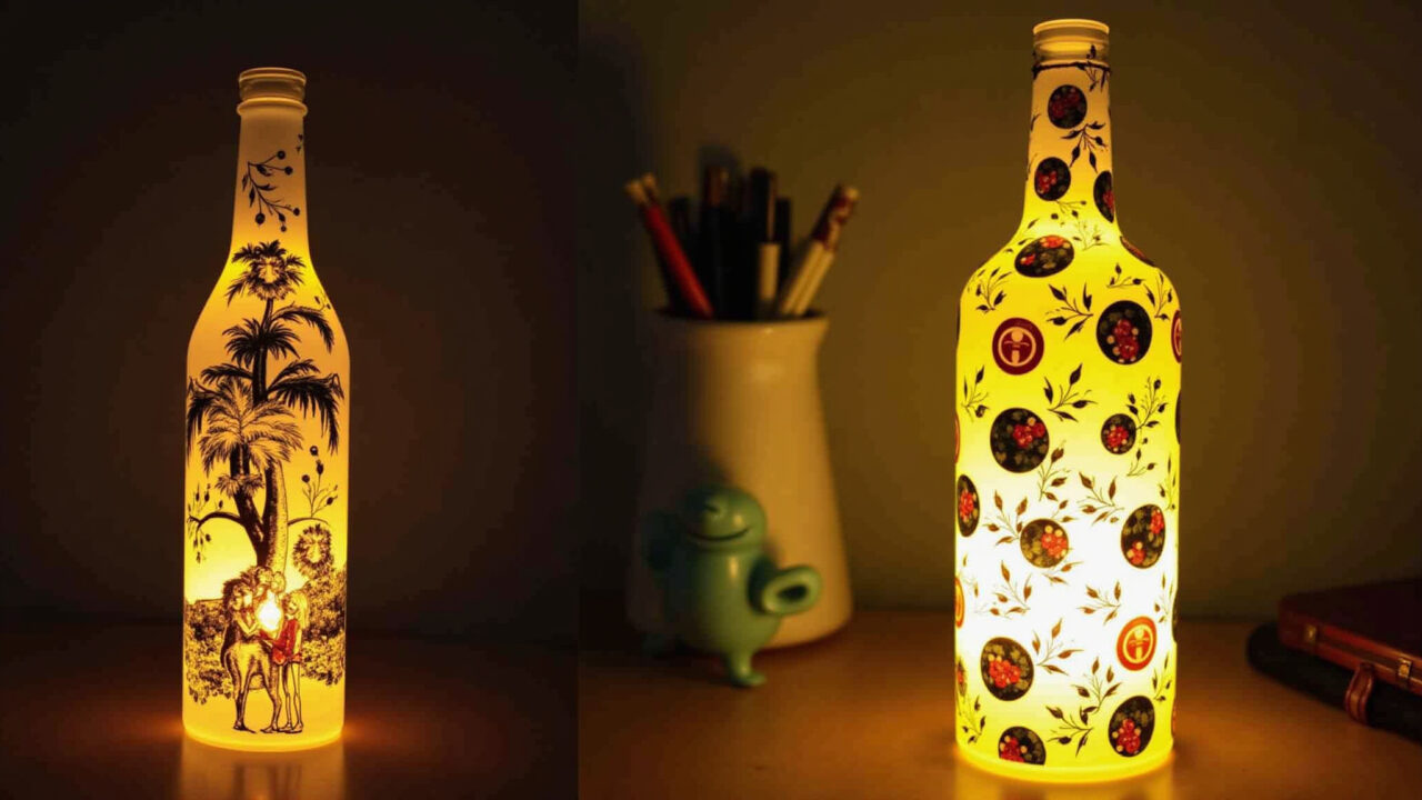 Personalized PET bottle lamp with decoupage, family photos, Brazilian decor, warm light, 8K, Luminária PET com decoupage, fotos de família e decoração personalizada.