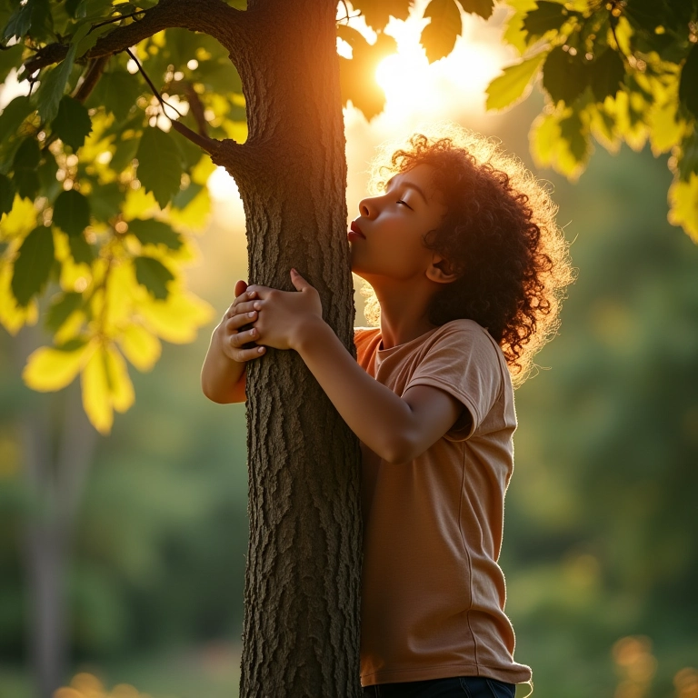 Pessoa abraçando árvore com luz solar filtrando pelas folhas, simbolizando o fortalecimento do sistema imunológico.