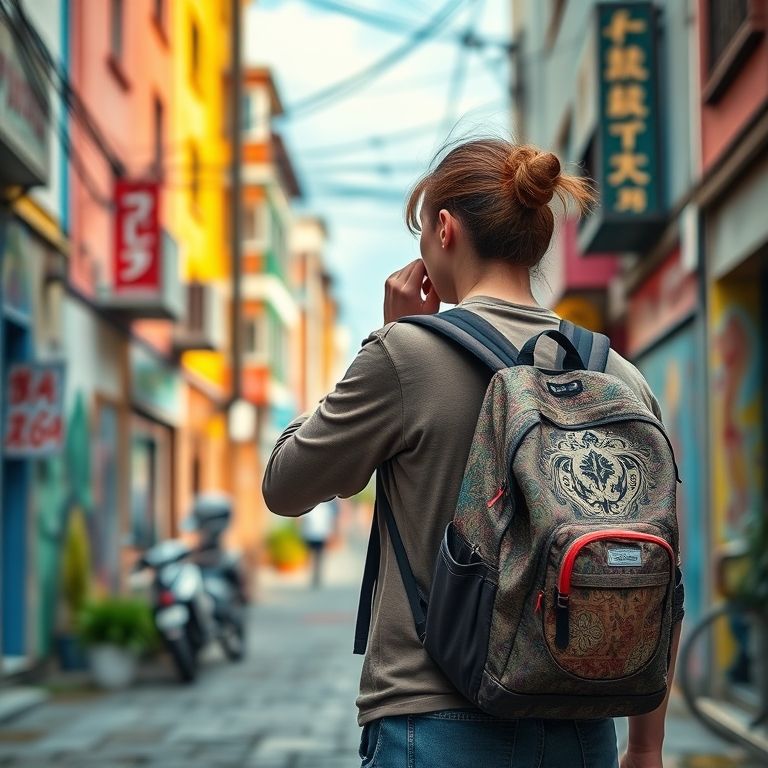Pessoa usando mochila de tecido em paisagem urbana colorida.