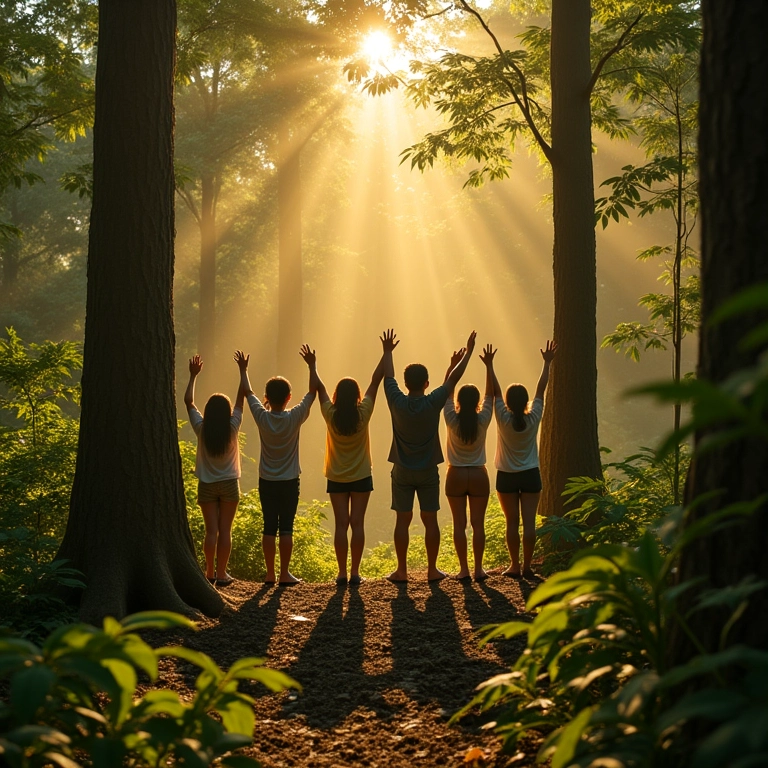 Abraçar Árvores: Conheça os Mitos e Fatos Desta Prática Pessoas de diferentes etnias abraçando árvores em uma floresta brasileira ensolarada.