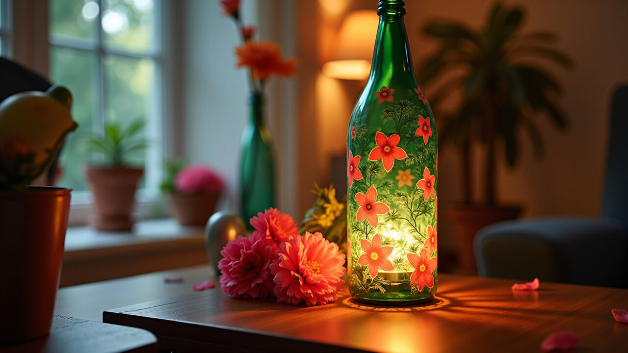 PET bottle lamp with artificial flowers, vibrant colors, romantic decor, Brazilian interior, Luminária PET com flores artificiais coloridas, decoração romântica.