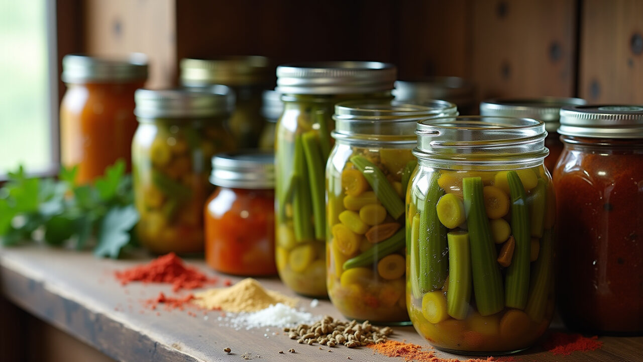 Pickled okra in jars, spices, rustic setting, natural light, 8K quality, sharp focus, homemade Quiabo em conserva.