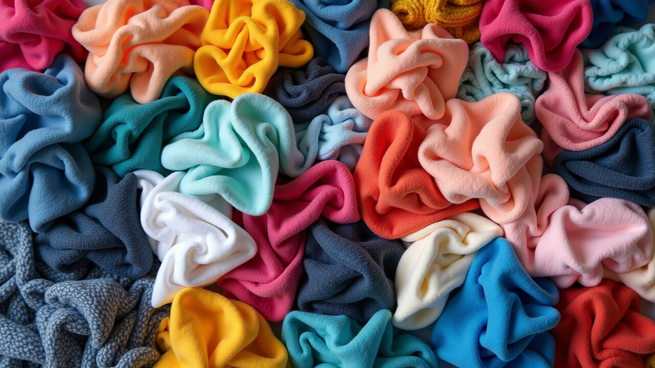 Pile of colorful fabric scraps: cotton, felt, denim, ready to be transformed into a no-sew rag rug. Retalhos de tecido para tapete colorido.