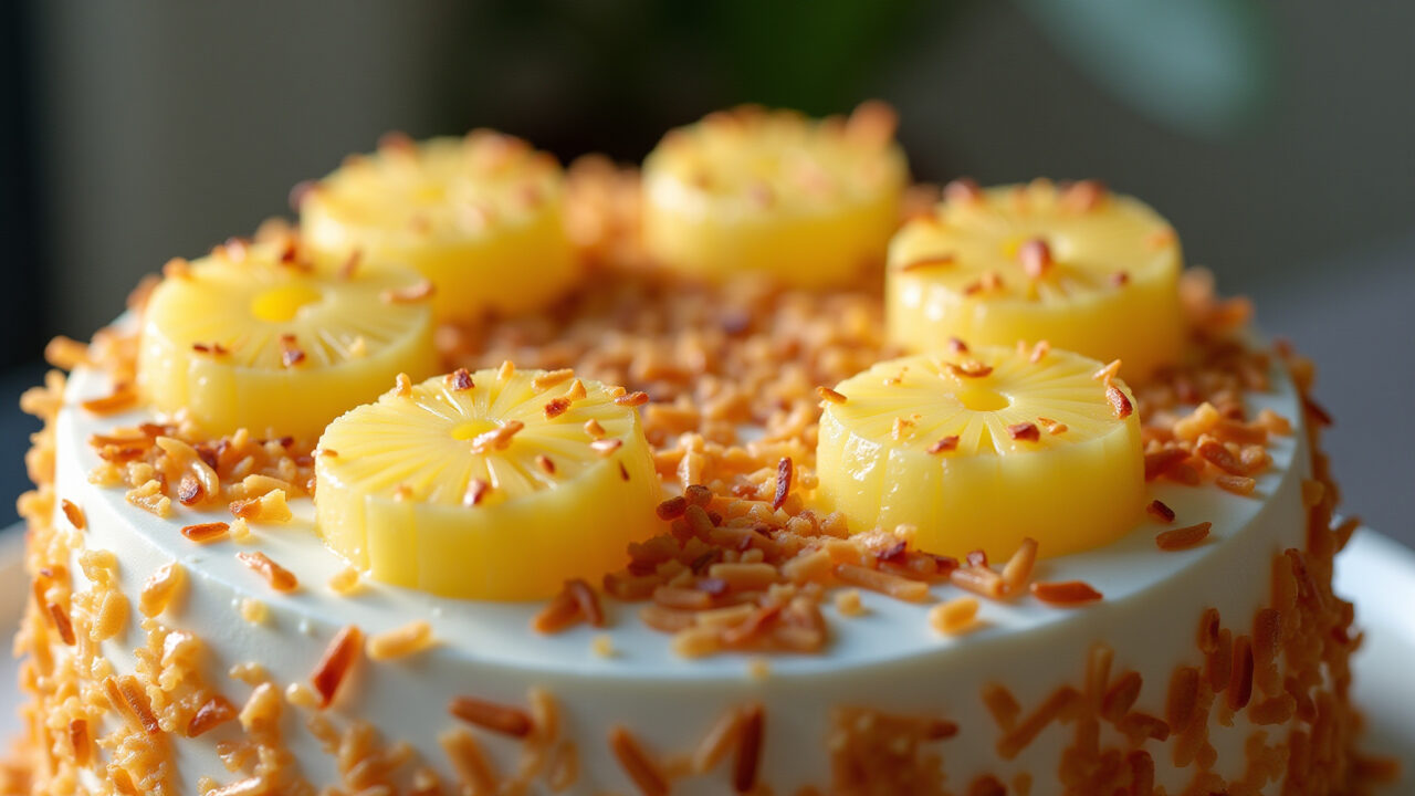 Pineapple and coconut cake, toasted coconut flakes, vibrant, tropical, Brazilian party, Bolo abacaxi decorado com coco ralado.