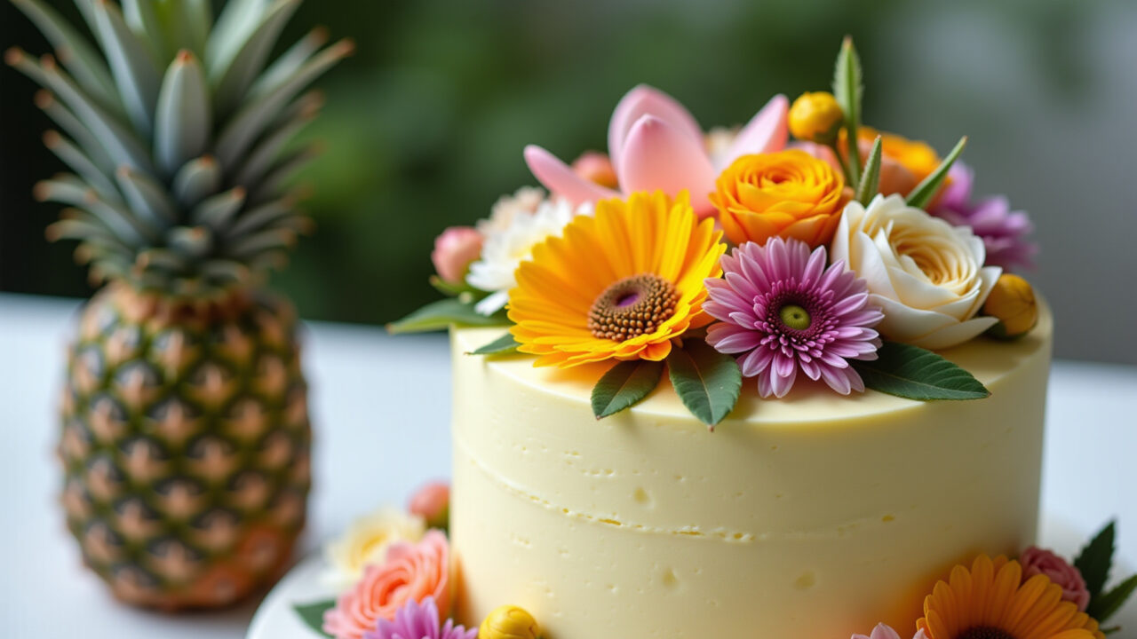 Pineapple cake decorated with edible flowers, delicate, romantic, Brazilian design, professional Bolo de abacaxi com flores comestíveis.