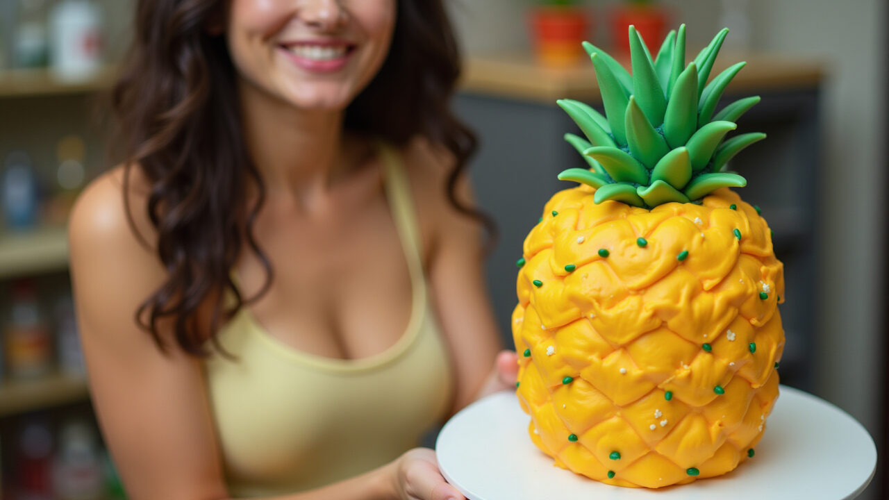 Pineapple cake decorated with fondant, sculptures, modeling, Brazilian party, professional Bolo de abacaxi com pasta americana.