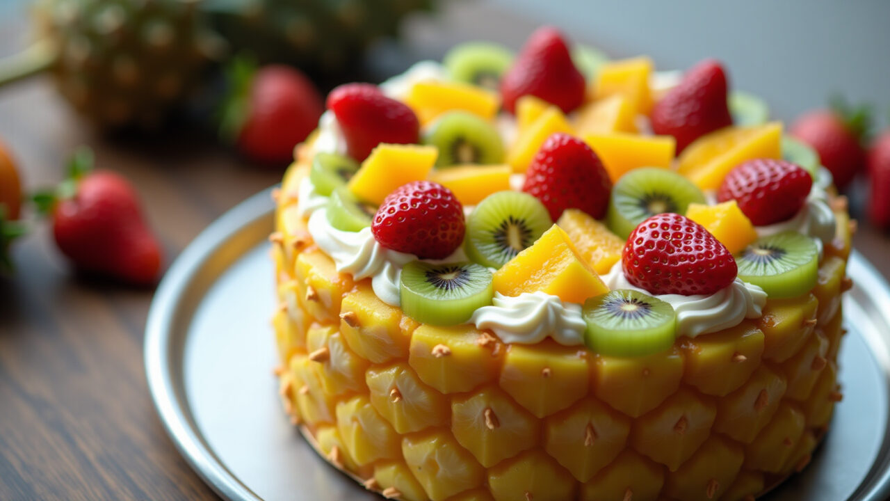 Pineapple cake decorated with fresh fruits, strawberries, kiwis, mangoes, vibrant colors, Bolo de abacaxi com frutas frescas.