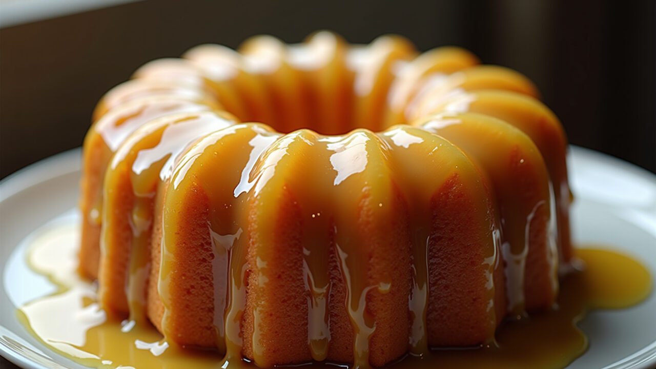 Pineapple cake with caramelized glaze dripping, shiny, intense flavor, Brazilian party, Bolo de abacaxi com calda caramelizada.