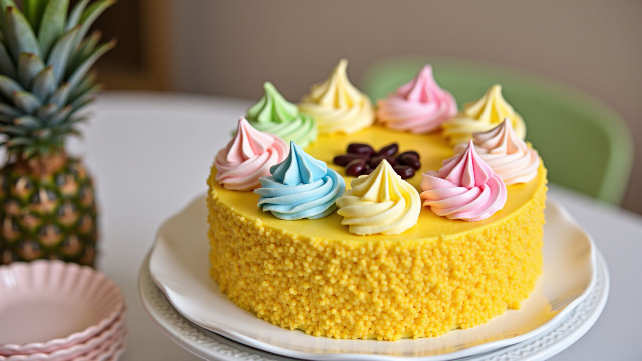 Pineapple cake with colorful meringue kisses, fun, light, Brazilian party, professional Bolo abacaxi decorado com suspiros.