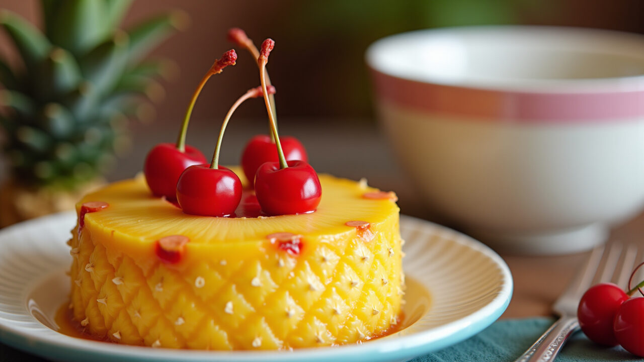 Pineapple cake with glazed cherries, vibrant colors, festive, Brazilian party, professional Bolo de abacaxi decorado com cerejas.