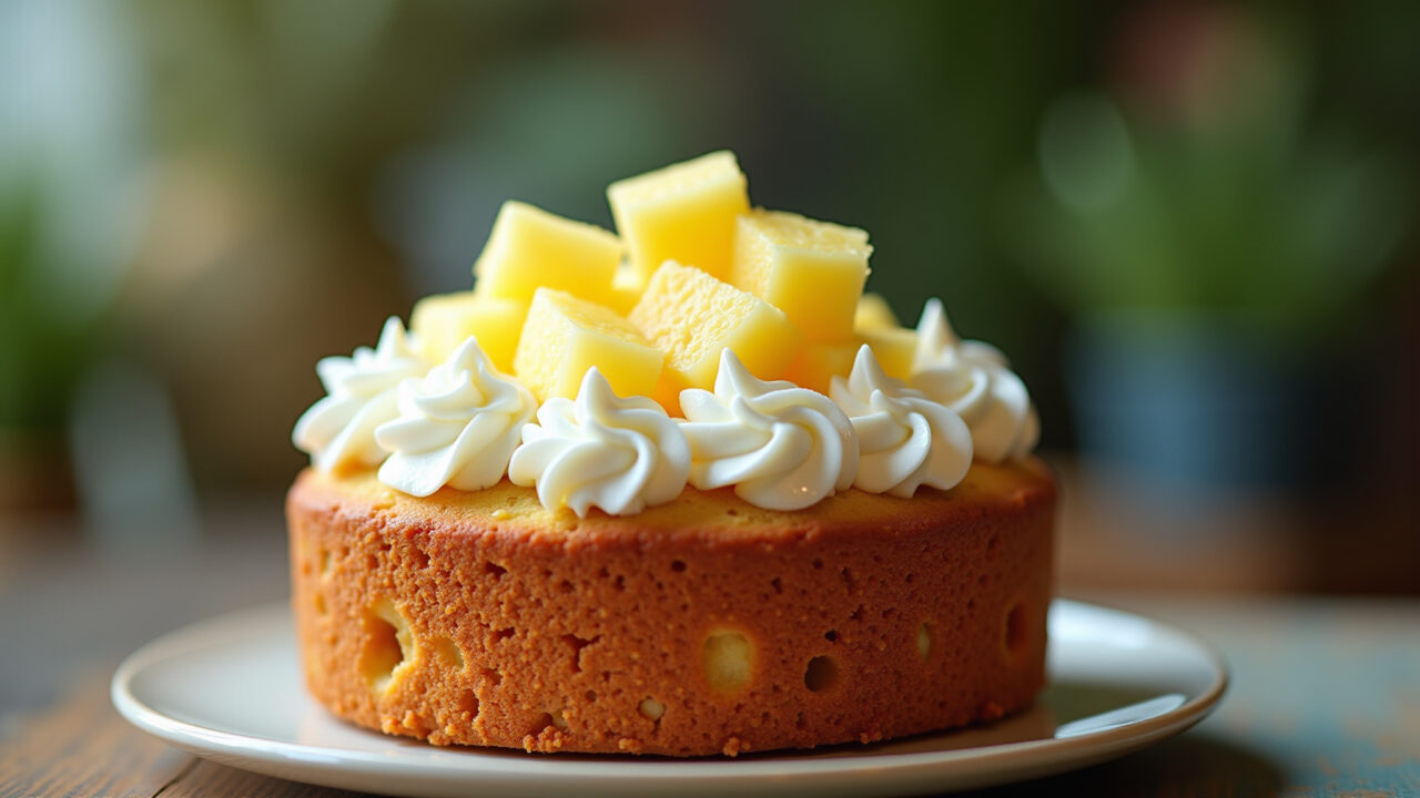 Pineapple cake with whipped cream frosting, rustic style, vibrant colors, tropical vibe, Bolo de abacaxi decorado com chantilly.