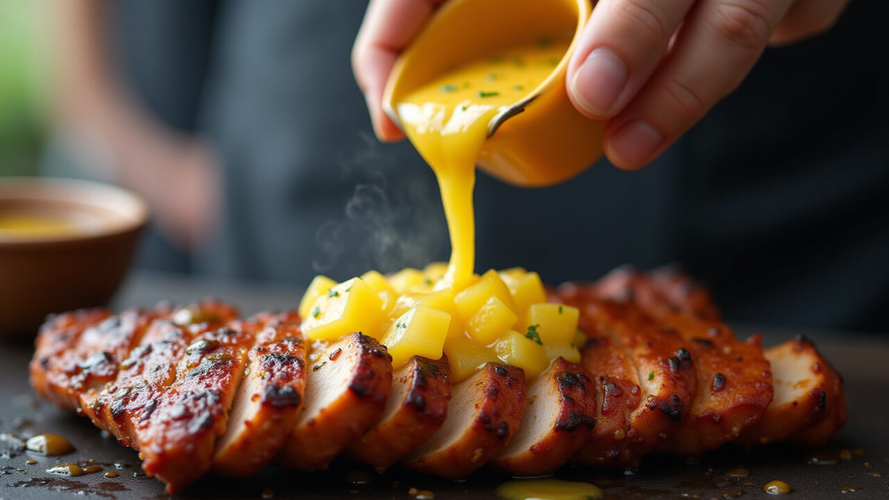 Pineapple salsa being poured over grilled pork, professional photography, 8K, sharp focus, vibrant Molho de abacaxi sendo servido sobre carne de porco grelhada.