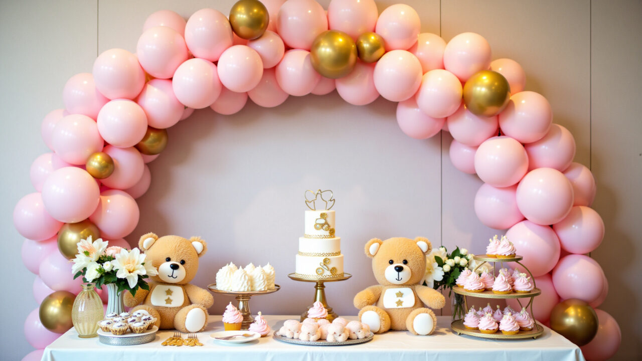 Pink and gold teddy bear party, balloon arch, white and gold accents, professional photography, 8K Arco de balões desconstruído rosa e dourado para festa ursinha.