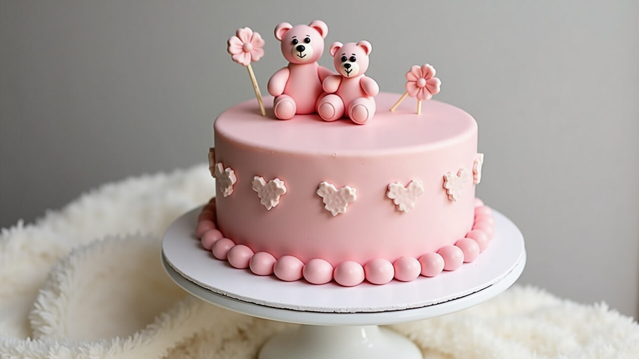 Pink teddy bear cake, simple decoration, teddy bear toppers, professional photography, 8K quality, Bolo decorado simples e elegante com tema ursinha rosa.