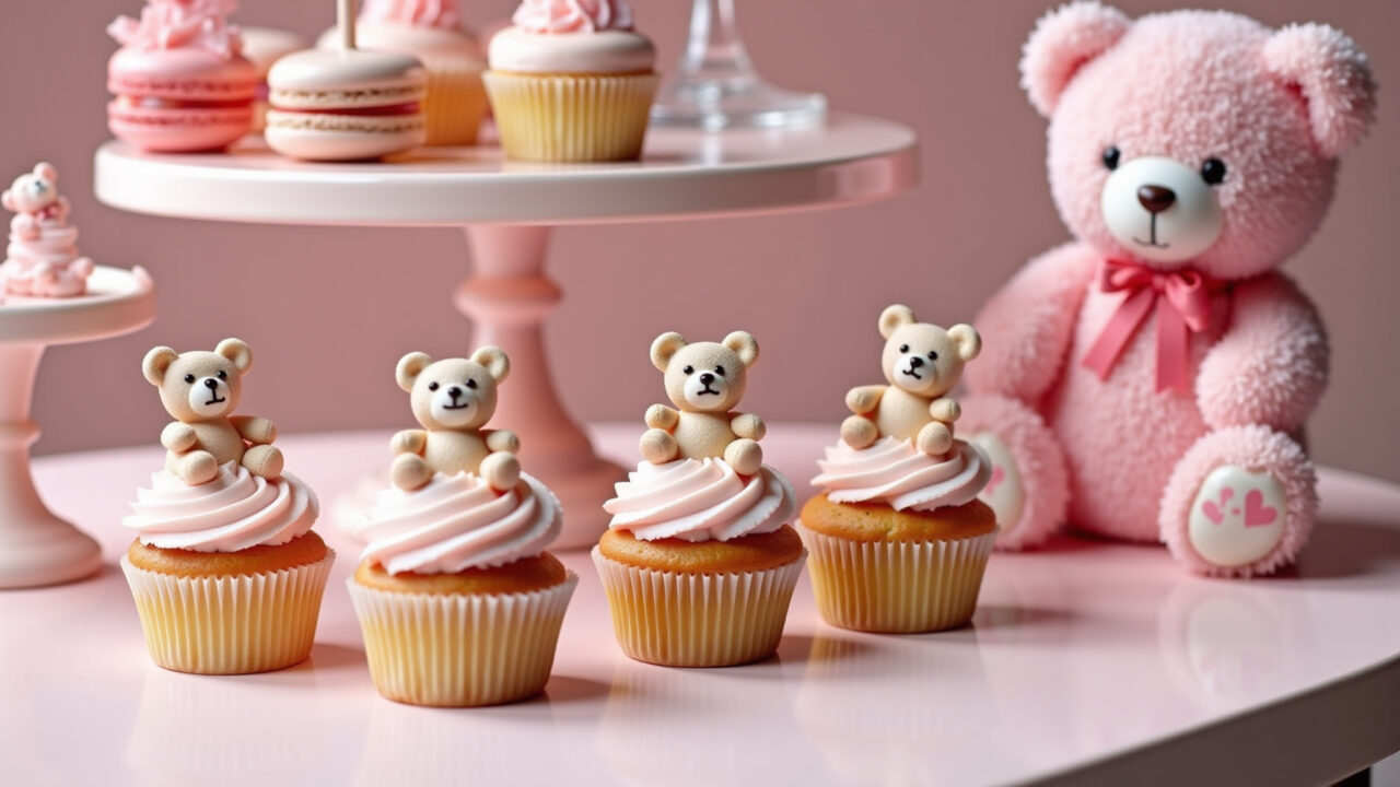 Pink teddy bear candy table, cupcakes, macarons, teddy bear miniatures, professional photography, Mesa de doces charmosa e delicada para festa ursinha rosa.