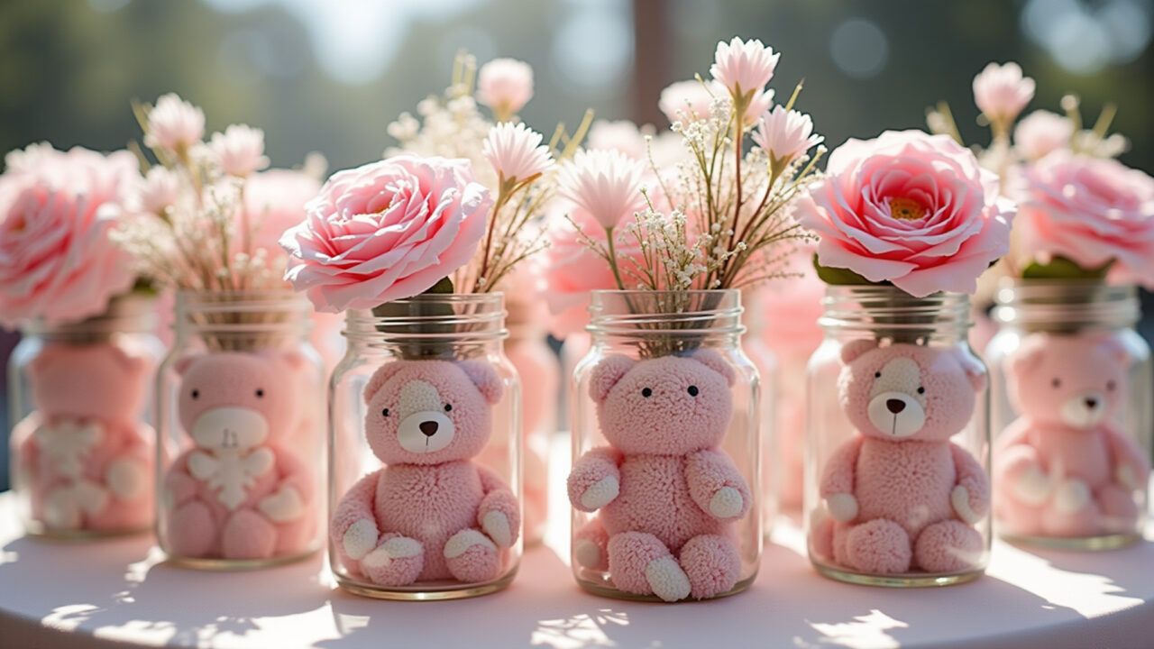 Centro de mesa criativo e personalizado com tema ursinha rosa.