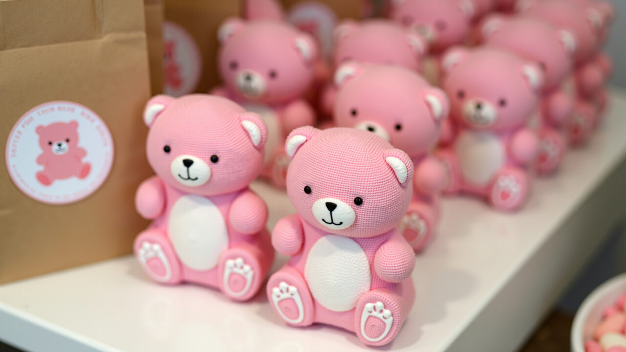 Pink teddy bear party favors, kraft bags, teddy bear stickers, professional photography, 8K Lembrancinhas criativas e baratas para festa ursinha rosa.