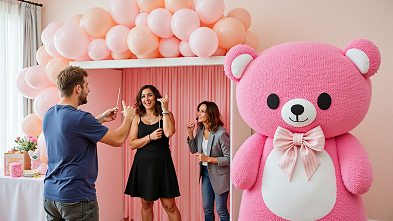 Cantinho de fotos divertido com acessórios temáticos de ursinha rosa.