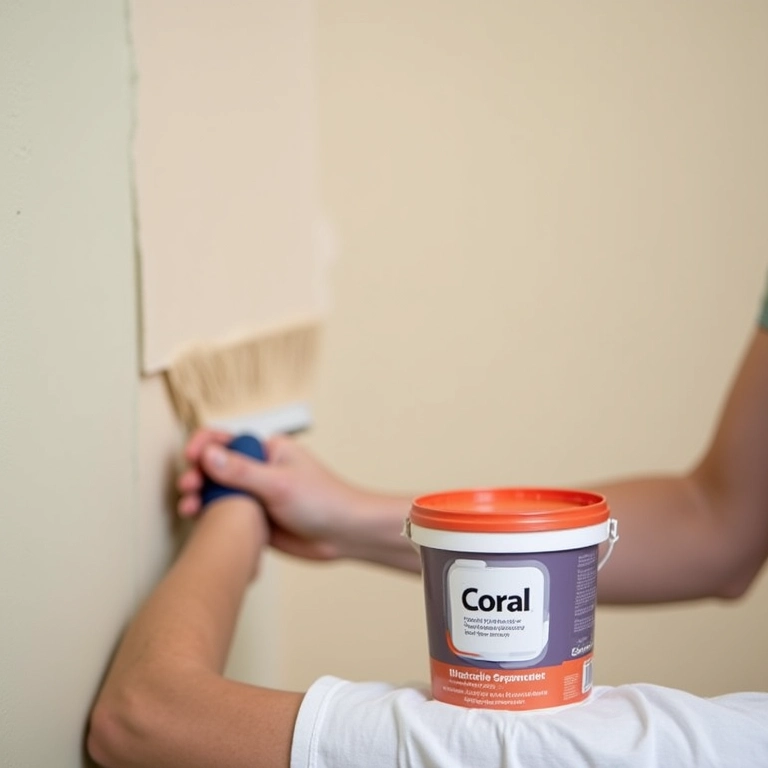 Pintor aplicando massa corrida Coral em parede com balde da marca.