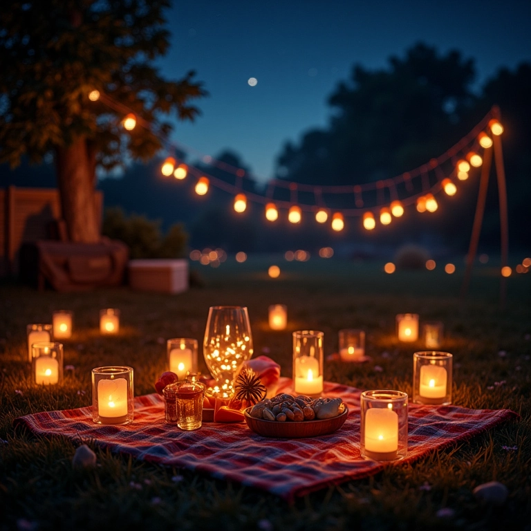 Piquenique noturno iluminado por luzes de fadas e lanternas.