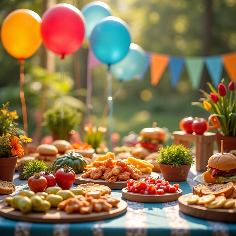 Piquenique temático com decoração colorida e balões.