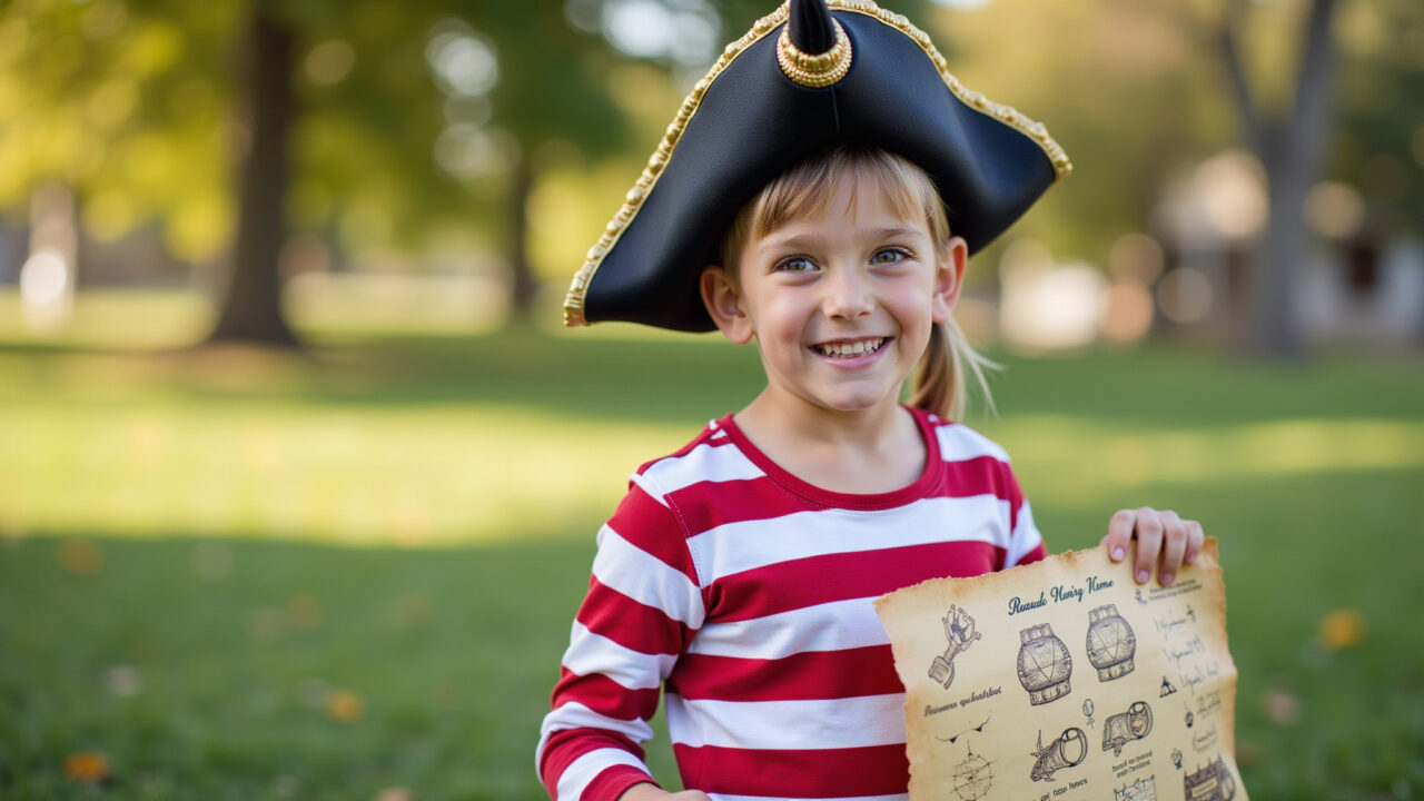 Pirate costume, striped shirt, treasure map, playful expression, Halloween adventure, natural Pirata aventureiro com mapa do tesouro no Halloween.