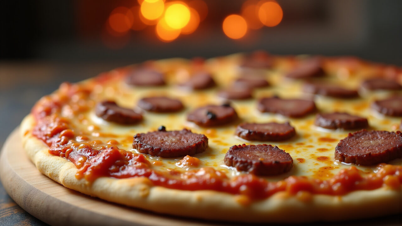 Pizza with hamburger meat, cheese, toppings, baked until golden brown, vibrant colors, 8K quality, Pizza com carne de hambúrguer e queijo.