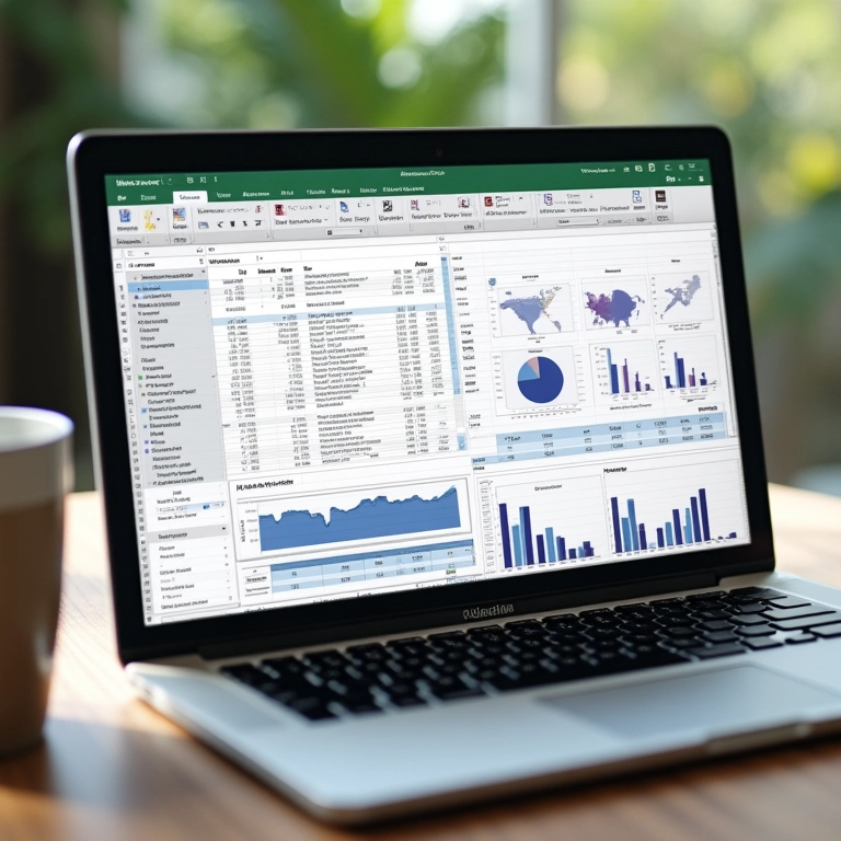Planilha resumo com dados e gráficos na tela do laptop.
