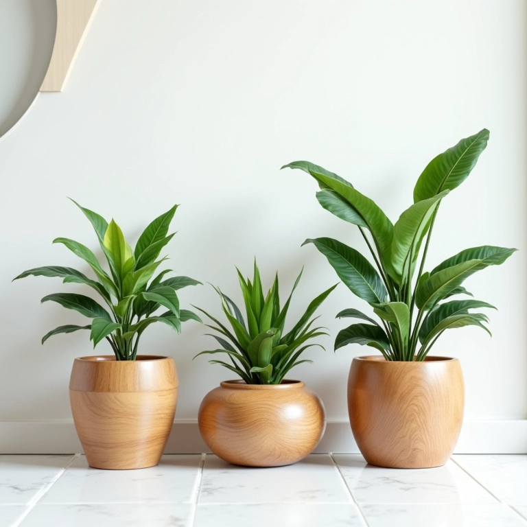 Plantas em vasos de madeira.