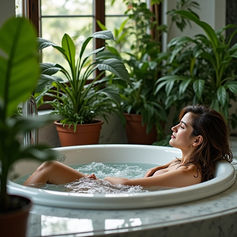 Plantas no banheiro jacuzzi.