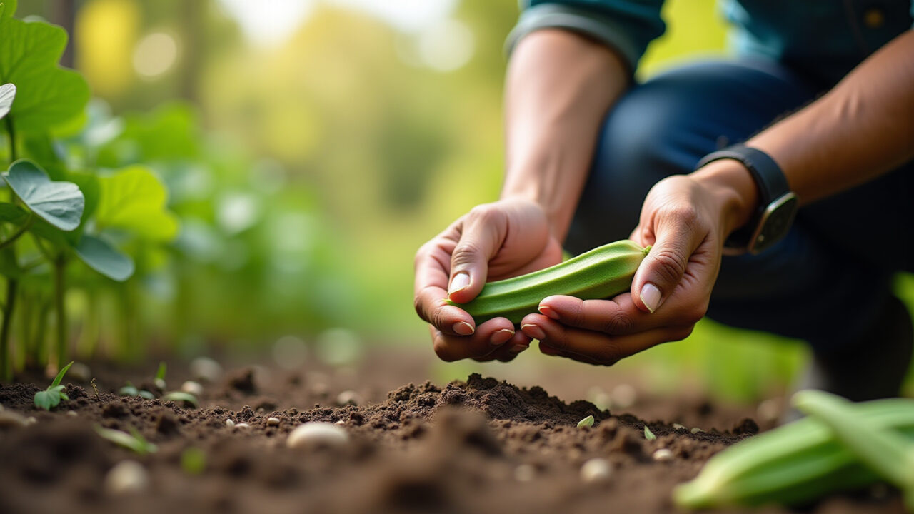 Planting okra seeds in a Brazilian garden, sunny day, professional photography, 8K quality, sharp Plantando sementes de quiabo em horta brasileira.