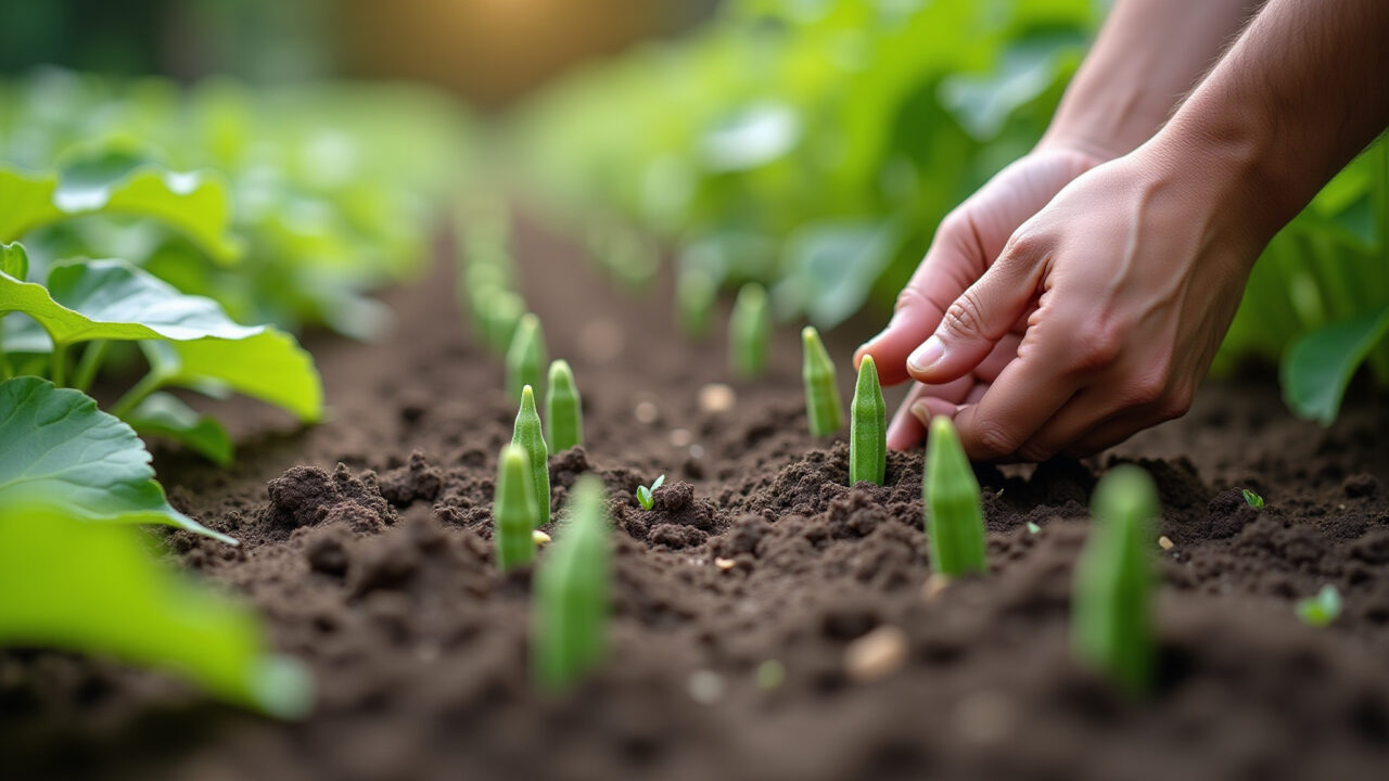 Planting okra seeds in garden rows, hand sowing, backyard garden, organic gardening, professional Plantando sementes de quiabo em sulcos no quintal ensolarado.