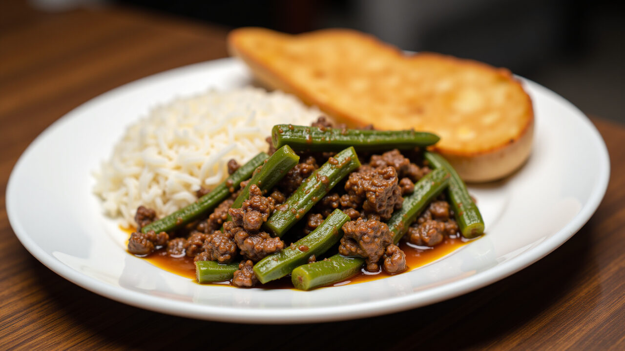 Plate of okra and ground beef served with white rice, close-up shot, professional photography, 8K Quiabo com carne moída servido com arroz branco.