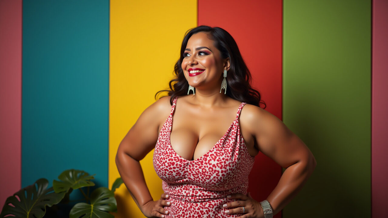 Plus size woman in 80s dress, bold colors, Brazilian party, confident pose, professional Look plus size anos 80 com vestido de cintura marcada.