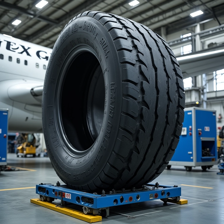 Pneu de avião sendo testado em laboratório com equipamentos de alta precisão.