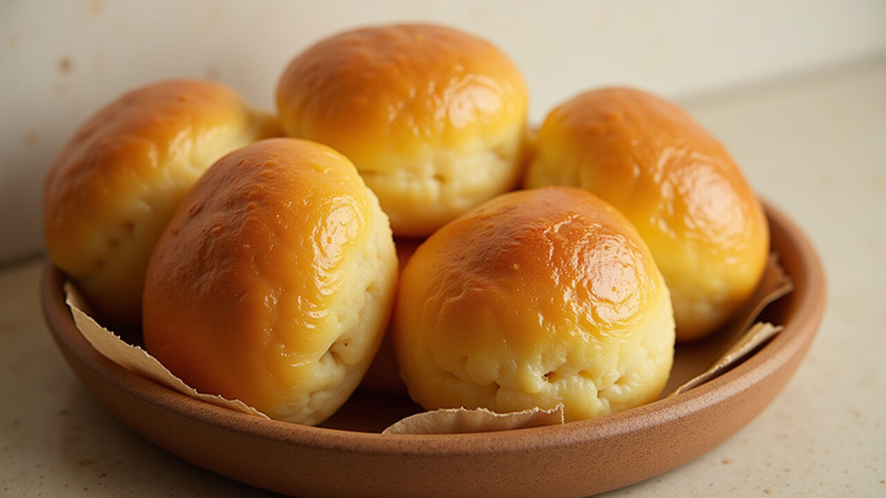 Pão de Batata, professional photography, 8K, soft, natural lighting, brazilian bread, golden, Pão de batata com polvilho azedo, maciez e sabor em cada mordida.