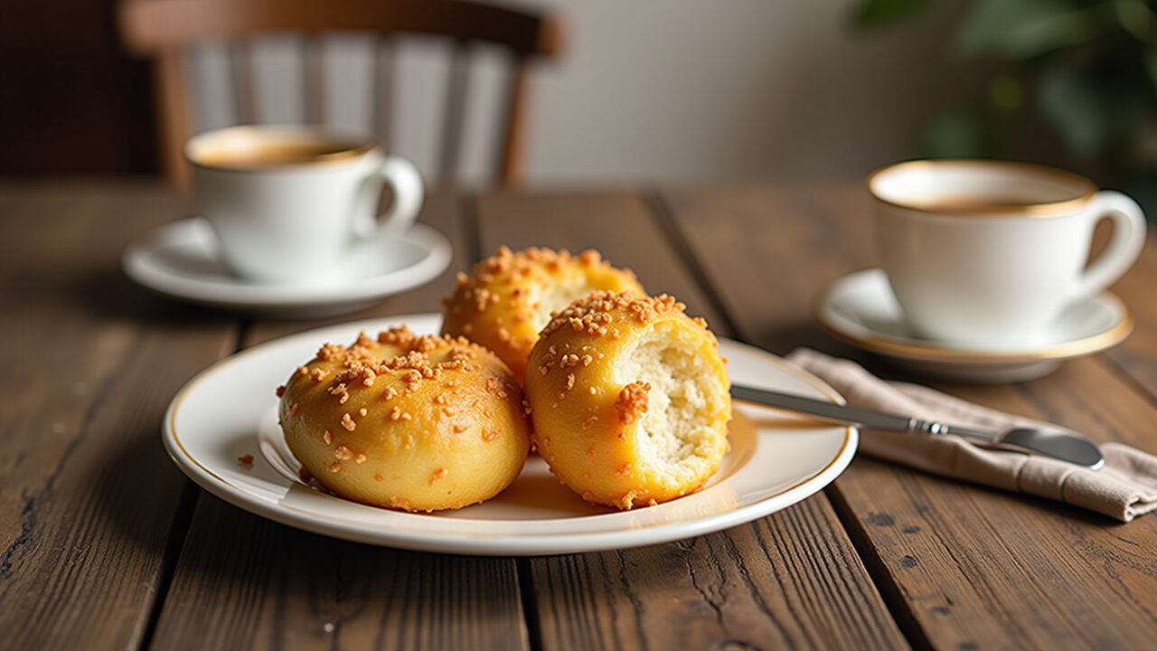 Pão de batata with polvilho doce, golden crust, rustic table, cup of coffee, natural light, 8k, Pão de batata com polvilho doce, macio e saboroso.