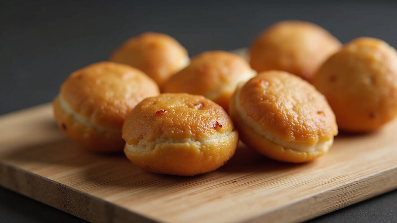 Pão de queijo recheado com Nutella, served on a wooden board for a different breakfast. Pão de queijo recheado com Nutella.