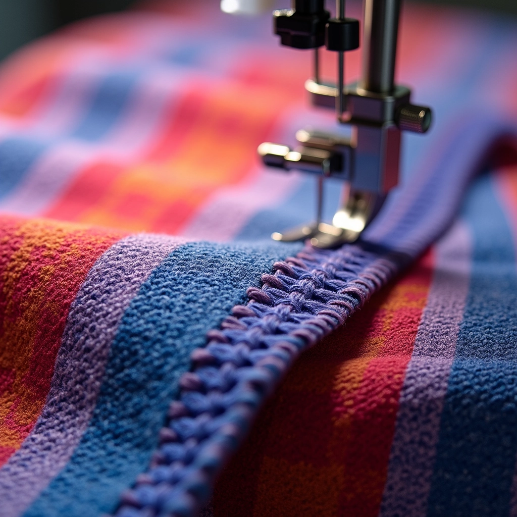 Ponto Overlock em borda de tecido de malha estampado.