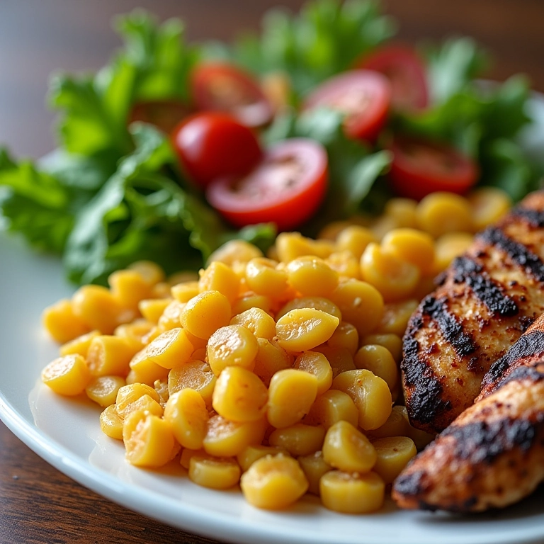 Porção de feijão em um prato com salada e frango grelhado.