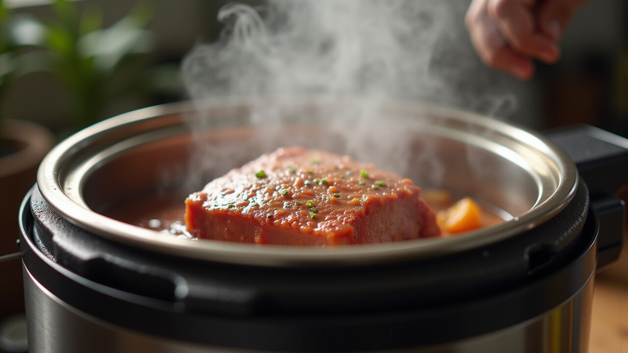 Pork being cooked in a pressure cooker, steam escaping, professional photography, 8K, sharp focus, Carne de porco cozinhando na panela de pressão.