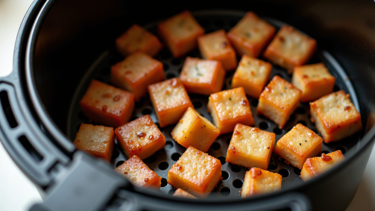 Pork cubes in air fryer, golden brown, healthy cooking, professional photography, 8K, sharp focus, Cubos de carne de porco na airfryer, dourados.
