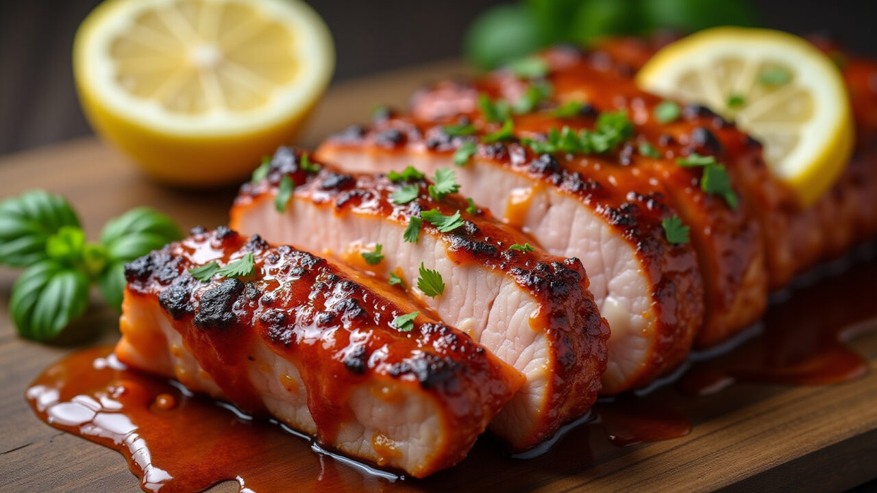 Pork loin marinated in white wine and lemon juice, close-up, vibrant colors, professional Lombo de porco marinado em vinho branco e limão.