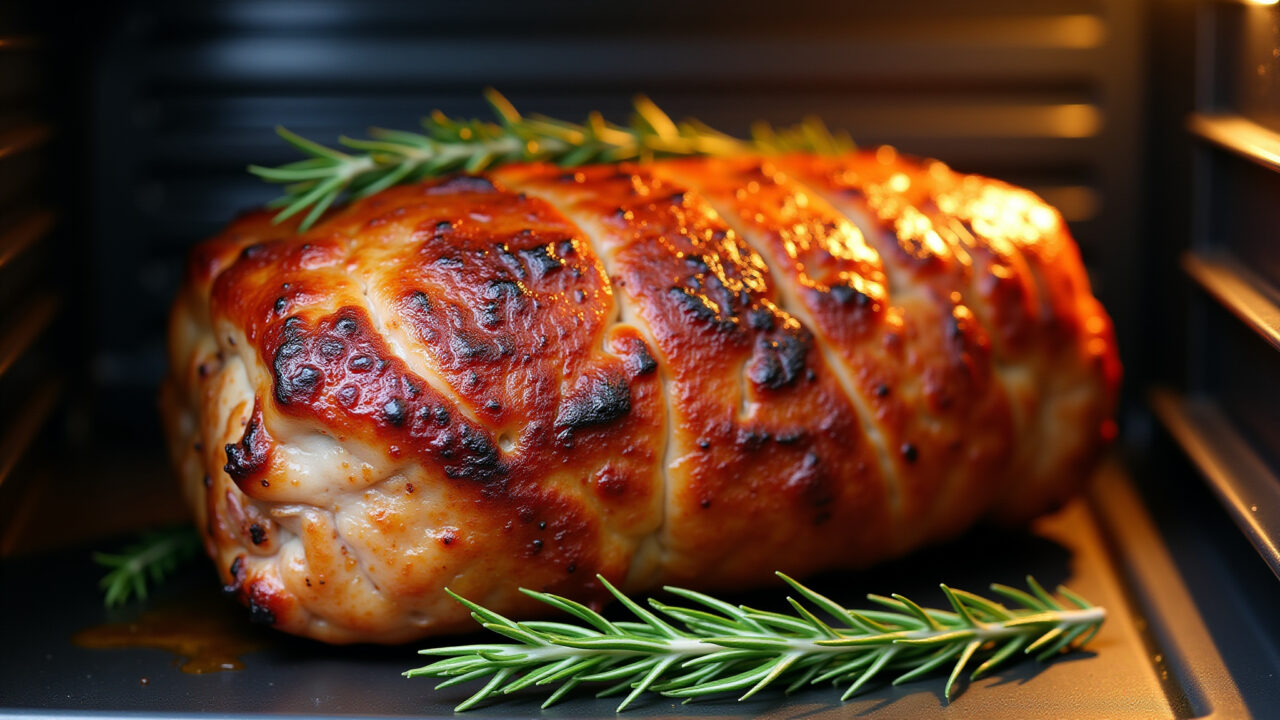 Pork roast in oven, golden brown, natural lighting, rosemary sprigs, professional photography, 8K, Carne de porco assando no forno, dourada e suculenta.