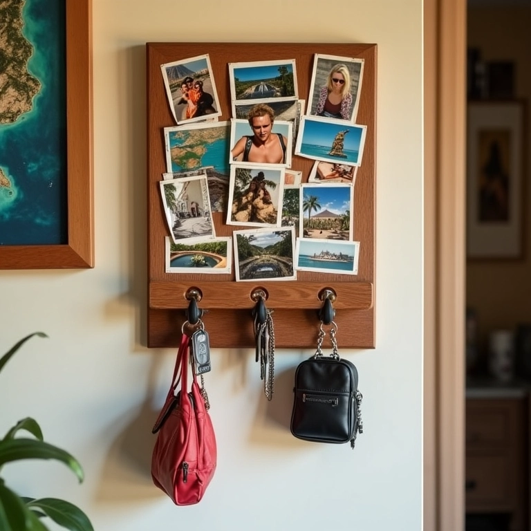 Porta chaves de parede decorado com fotos e lembranças.