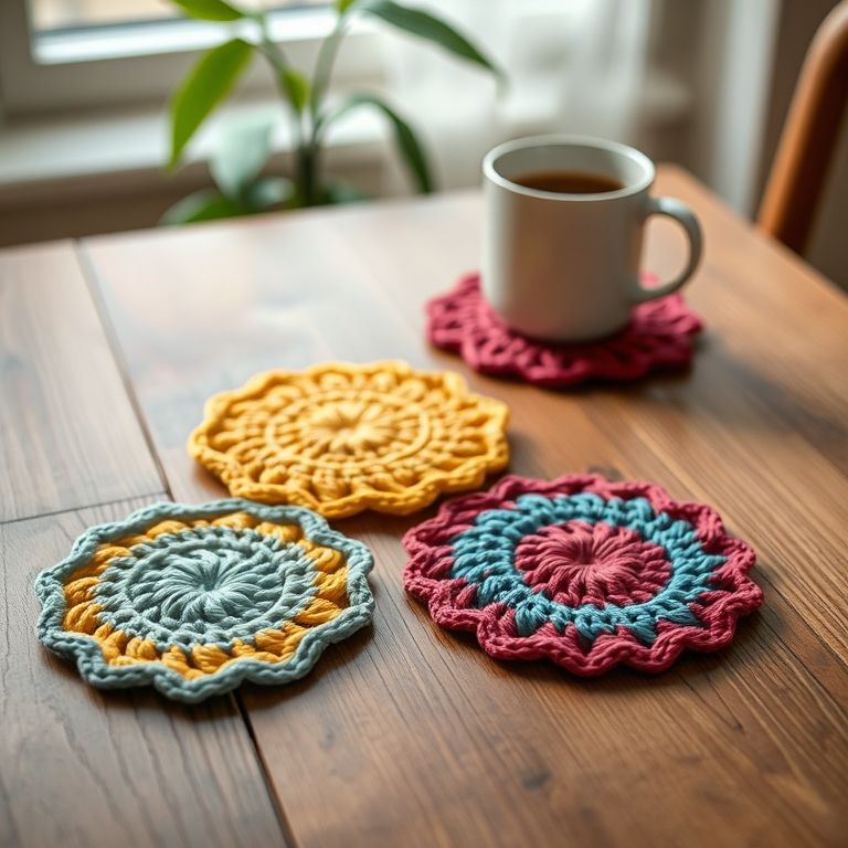 Porta-copos de crochê coloridos em mesa.