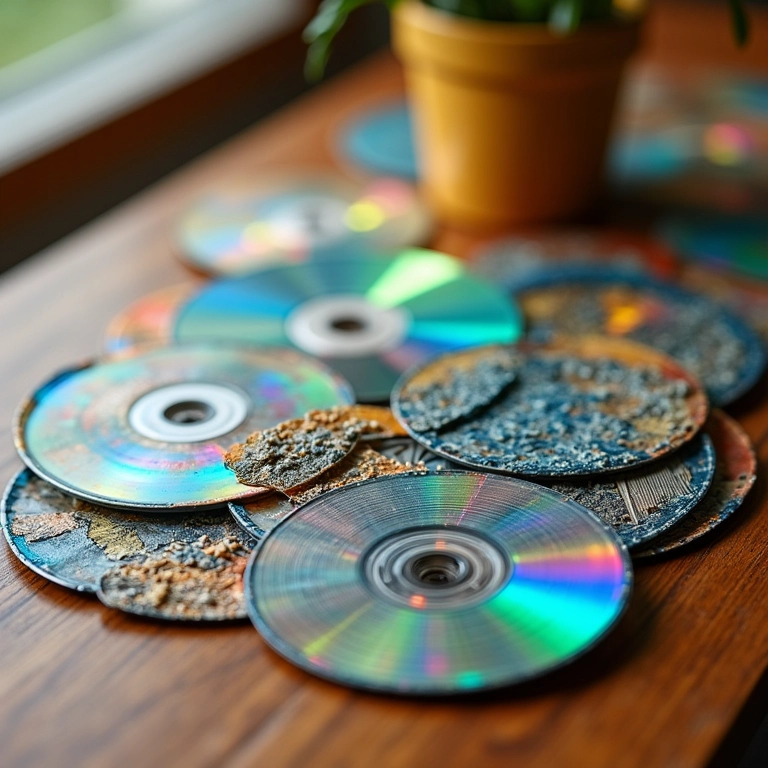 Porta-copos estilosos feitos de CDs reciclados, com designs coloridos.
