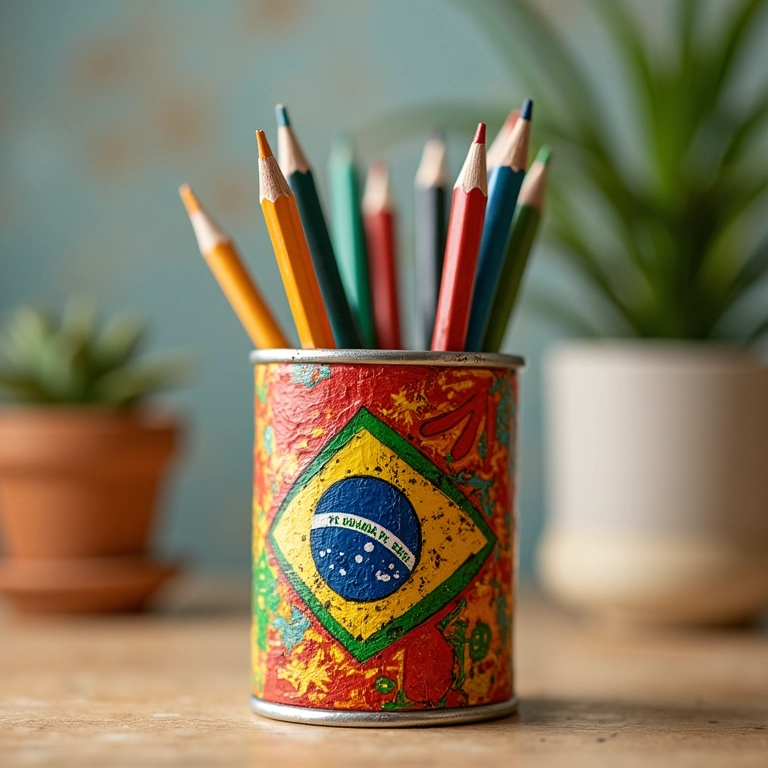 Porta-lápis decorativo feito de latas recicladas com estampas coloridas.
