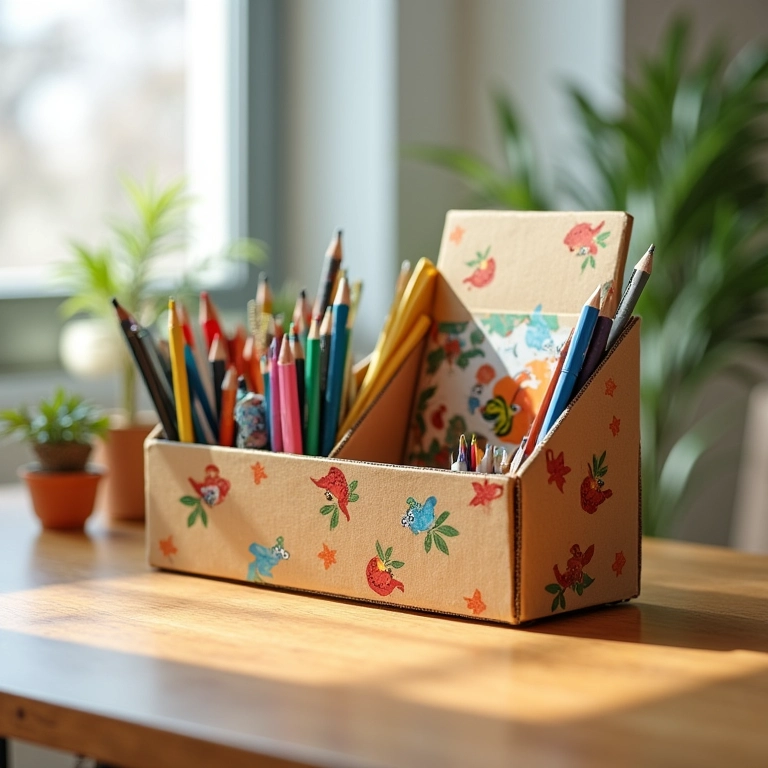Porta-trecos divertido feito com papelão para organizar a mesa de estudo.