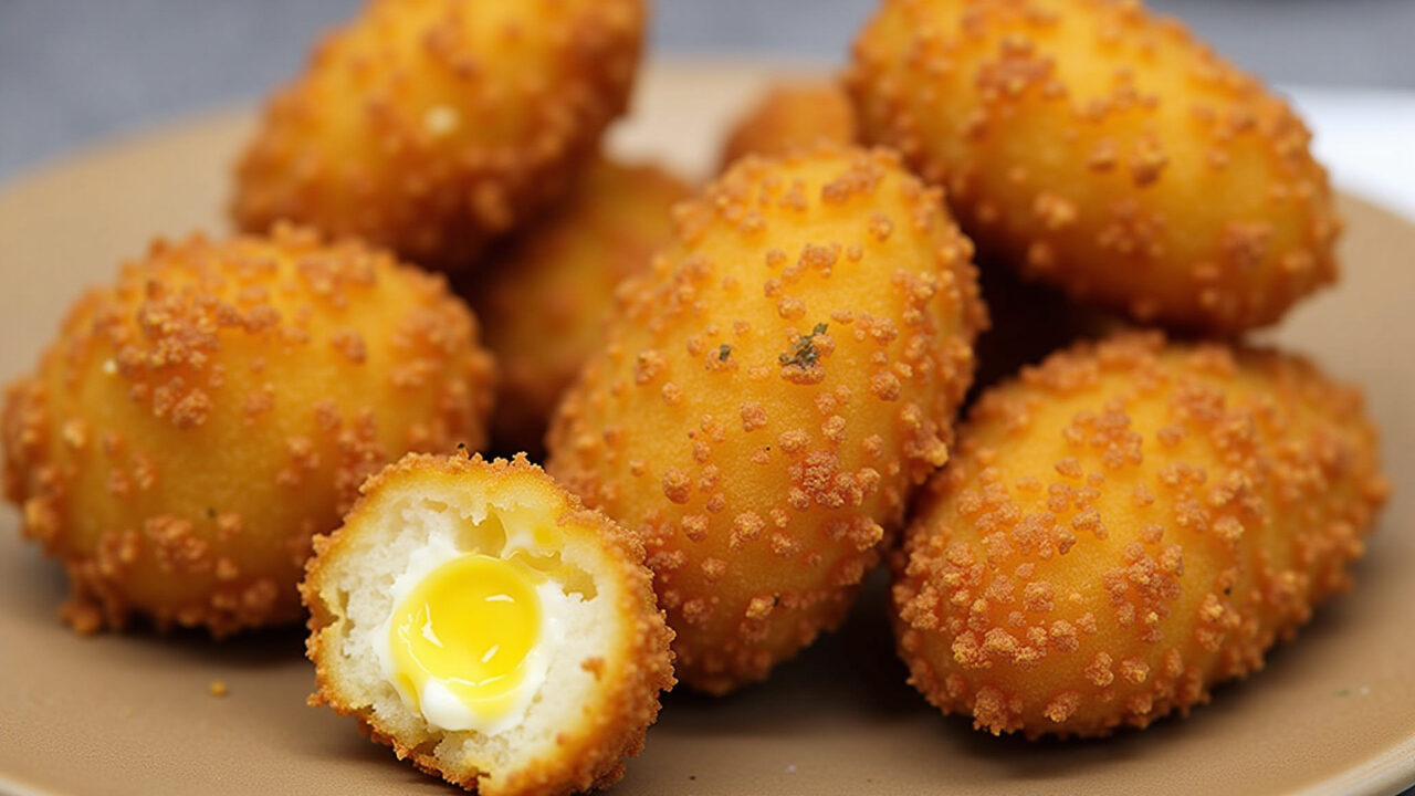 Potato and cheese croquettes, golden and crispy, professional photography, 8K quality, sharp focus, Croquete de batata com queijo, petisco irresistível.